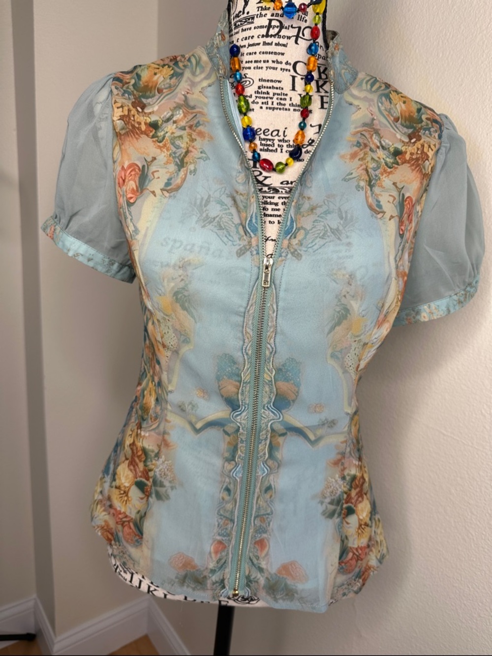 FurTario Light Blue Floral Sheer Zip-Front Women's Top